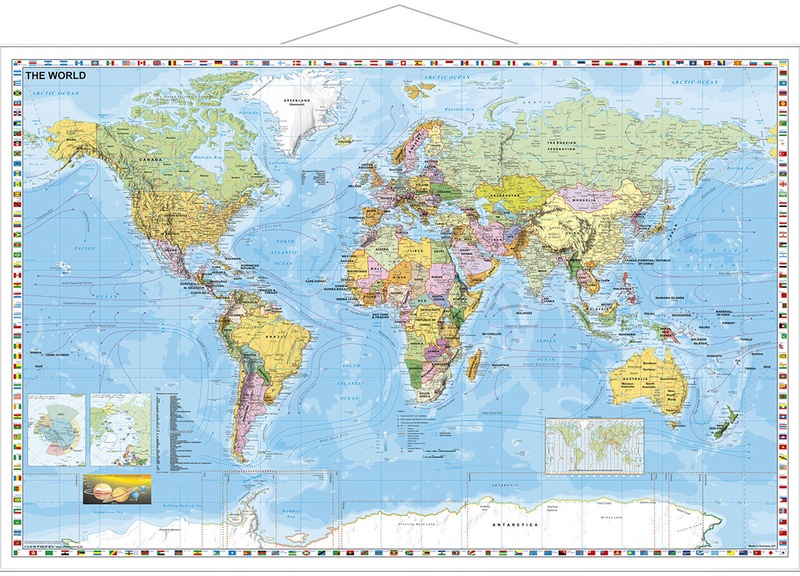 Stiefel Wandkarte Grossformat Weltkarte, Politisch Mit Flaggenrand, Englische Ausgabe, Mit Metallstäben, Karte (im Sinne von Landkarte)