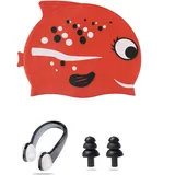 Ancaiqi Kinder Badekappe, Schwimmhaube Silikon Wasserdicht Karikaturkinder-Badekappe- Hai für Jugend Jungen mädchen Baby mit Nasenklemme und Ohrstöpsel