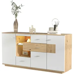 Merax Modernes Sideboard-Schrank mit viel Stauraum, mit LED-Beleuchtung, Glasablage, Holzoptik, Organizer, Kommode