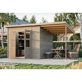 Gartenhaus Holz 14mm Gerätehaus Velburg 6 vorvergraut mit Anbau 400x214cm Karibu