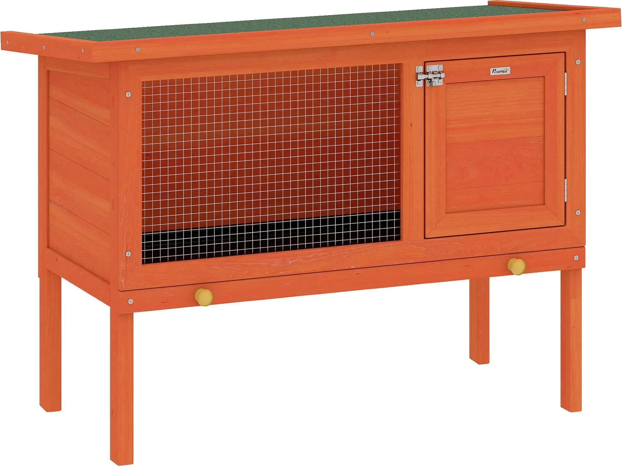 PawHut Hasenstall Kaninchenstall aus Holz 90x45x65 cm erhöhter Kaninchenkäfig mit aufklappbar Bitumendach, herausziehbarer Schublade, Tür, Metallgitter, Hasenkäfig für Kleintiere Outdoor Orange   Aosom
