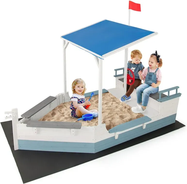 Piratenschiff-Sandspielplatz mit Dach, Flagge, Steuerrad und Sitzbank – Weiß