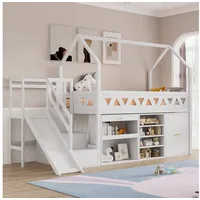 Flieks Hochbett Kinderbett Etagenbett mit Schränke, Rutsche und Treppe 90x200cm weiß