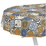 ANRO Tischdecke Porto abwaschbar Wachstuch pflegeleicht wasserabweisend (Einzelstück 1-tlg), Schmutzabweisend Fliesenmuster Blau Oval 160x140cm Gartentischdecke blau Oval | 140 cm x 160 cm