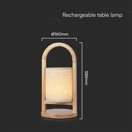 V-Tac Tischlampe Tischleuchte Nachttischleuchte mit Touchdimmer Holz beige, Akku, 1x LED 100Lm 3000K warmweiß, H 32 cm