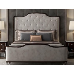 Casa Padrino Luxus Art Deco Doppelbett Grau / Dunkelbraun / Silber - Edles Massivholz Bett mit Kopfteil - Schlafzimmer Möbel - Hotel Möbel - Art Deco Möbel - Luxus Art Deco Einrichtung