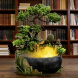 Zimmerbrunnen mit LED-Beleuchtung, zerstäubender Steingarten-Wasserbrunnen, chinesischer Fengshui-LED-Lampen-Wasserfall, Zimmerbrunnen, Gartenbrunnen, grüner Pflanzenbrunnen, Wasserfalldekoration