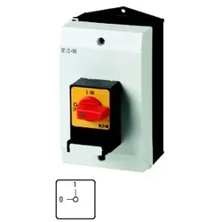 Eaton 207328 Panikschalter, P1, 32 A, Aufbau, 3-polig, mit rotem Knebel und gelbem Frontschild, Vorhängeschloss-Sperre SVC P1-32/I2/SVC(S)-RT