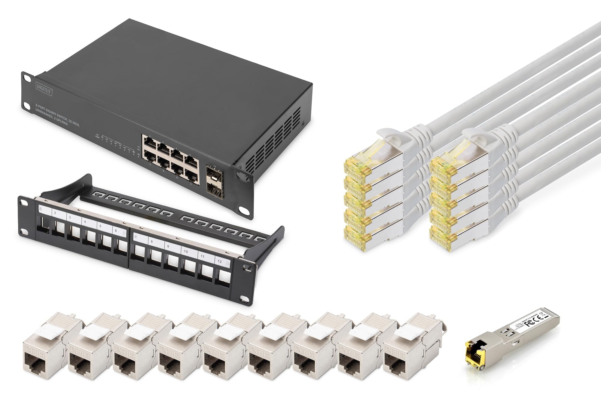 DIGITUS Set: 10 Zoll Netzwerk-Set – 1x Netzwerk-Switch, 8-Port, 2X SFP-Uplink, Unmanaged – 1x SFP-Modul, RJ45 – 1x 12-Port Patchpanel – 9X Cat6A Keystone-Modul – 10x LAN-Kabel Cat-6A Grau, 0.25 m