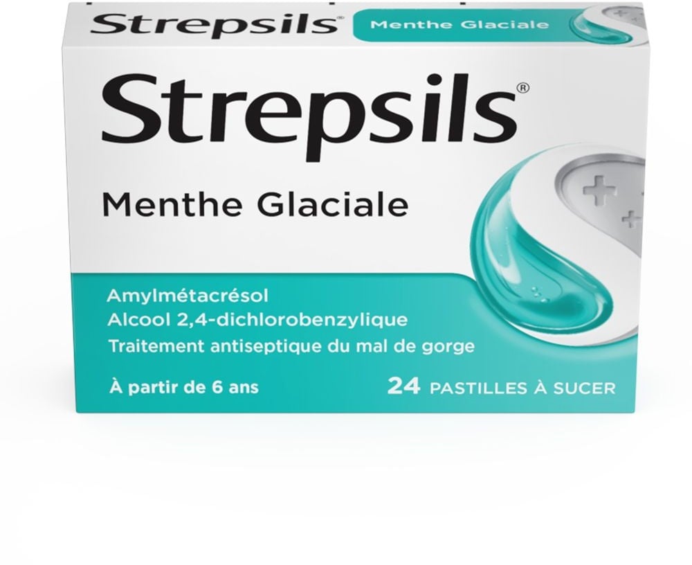Strepsils Menthe Glaciale - Traitement Antiseptique du Mal de Gorge - À partir de 6 ans 24 pc(s) comprimé(s) à sucer