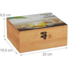 Relaxdays Teebox Bambus, 6 Fächer, 72 Teebeutel, Teedose mit Klappdeckel, Aromaschutz, Hxbxt 9,5 x 22 x 18,5 cm, Hellbraun