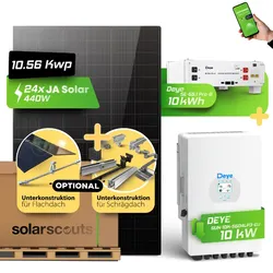 Solarscouts 10,56  kWp Photovoltaik-Komplettset mit Ja Solar 440W Modulen, 10 kW Deye Wechselrichter & 10 kWh Speicher