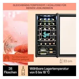 Klarstein Shiraz 28 Uno Weinkühlschrank 74L, 28Fl Touch-Bedienfeld 5-18°C Schwarz