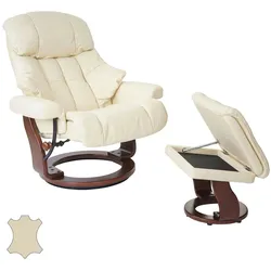 Robas Lund MCA Relaxsessel Calgary XXL, TV-Sessel Hocker, Echtleder 180kg belastbar ~ creme, Walnuss-Optik