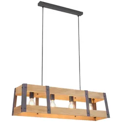 Pendelleuchte, 4-flammig, Holz + Eisen, rustikales Design, E27 Fassung
