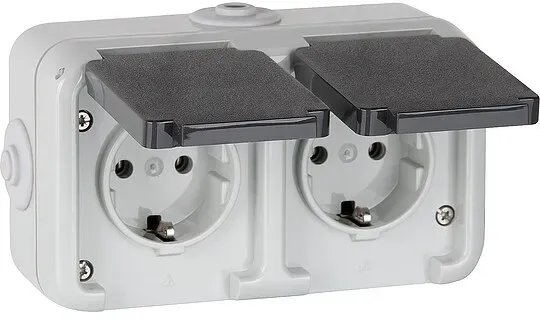 Aufputz-Steckdose, IP44, Schuko, waagerecht, grau D 6632 WAB - 2-fach