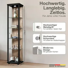 K-Möbel Glasvitrine C1014 176 x 37 x 33 cm Schwarz/Sonoma Eiche