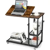 Laptoptisch mit hoehen- und neigungsverstellbar, 3 Ebenen Beistelltisch Vintage, C-foermiger Sofatisch für Wohnzimmer & Schlafzimmer, auf Rollen, 80
