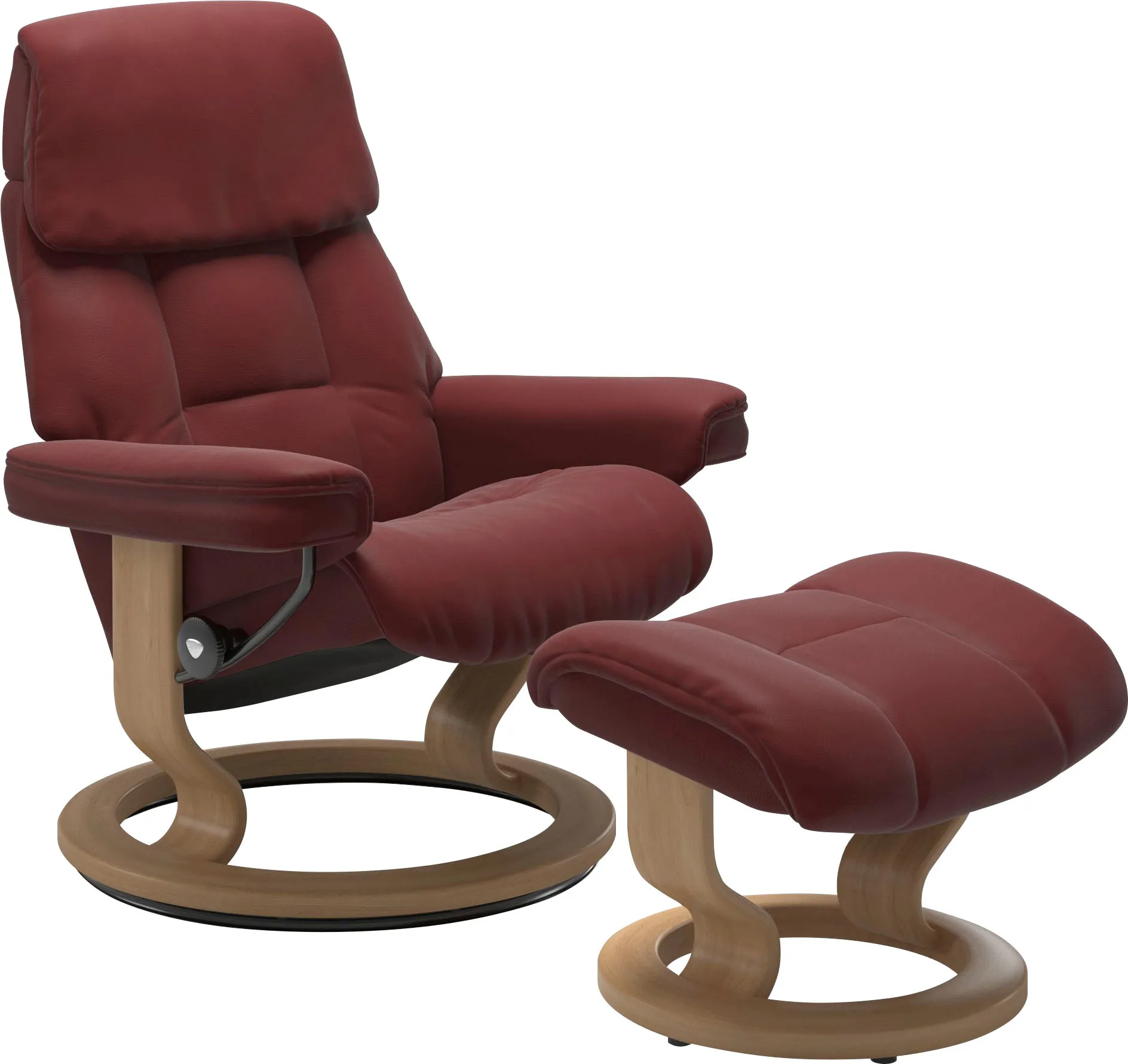 Relaxsessel STRESSLESS "Ruby", rot (cherry paloma), B:88cm H:99cm T:77cm, Leder BATICK: Batick ist ein leicht korrigiertes, durchgefärbtes und genarbtes Möbelleder, bei dem die meisten Unebenheiten und Spuren in der Regel entfernt wurden. Batick wird mitunter doppeltönig gefärbt, um der Oberfläche mehr Lebendigkeit zu verleihen. Dank einer schützenden Oberflächenbehandlung lassen sich die meisten Flecken leicht entfernen. Das macht Batick zur ersten Wahl für Familien mit Kindern und all diejenigen, die ihren Stressless Bequemsessel außerordentlich intensiv nutzen., Leder PALOMA: Paloma ist ein durchgefärbtes Semianilin-Möbelleder mit natürlicher Narbung. Es wurde mit einer leichten Oberflächenbehandlung versehen, um es beständiger zu machen. Paloma ist weich im Griff und hat eine warme Ausstrahlung. Es ist atmungsaktiv und feuchtigkeitsabsorbierend. Paloma wird besonders von all jenen geschätzt, die das echte Ledergefühl suchen., Sessel, mit Classic Base, Größe L, Gestell Eiche, Wenge, Braun & Schwarz