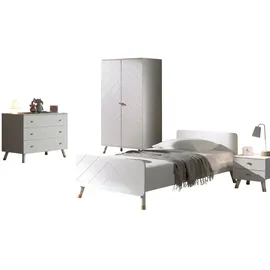 58 aufm Kessel Jugendzimmer-Set Kinderzimmer Set Kamillah Kinderzimmer komplett MDF Satin Weiß, (inkl. Versand, Lieferung bis Verwendungsstelle), Einzelbett, Nachtkonsole, Kleiderschrank, Kommode, Retro-Optik weiß