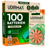 100 Batterien für Hörgeräte Udirmax Orange Größe 13 PR48 Zink-Luft Öko-Pack mit Dynamic Sonar Technologie - 10 umweltfreundliche Blisterpackungen mit 10 Hörgerätebatterien