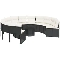 vidaXL Gartensofa mit Tisch und Kissen Rund Schwarz Poly-Rattan