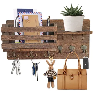 WwuHua Schlüsselbrett mit Ablage, Schlüsselbrett Holz mit 9 Haken, Schlüsselkasten Modern, Schlüsselkasten Geeignet für Eingangsbereich, Haustür, Flur, Schlafzimmer, Büro, Braun