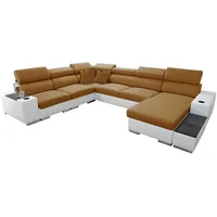 All4All Ecksofa mit Schlaffunktion Piano 358x282 cm – Schlafsofa mit Bettkasten – Wohnlandschaft XXL – Sofa U-Form – Gewebe mit Kunstleder - Groß - Big Sofa - Rechte Seite - Gelb/Weiß 26