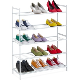 Relaxdays Schuhregal Metall, 5 Ablagen, Schuhaufbewahrung für 15 Paar Schuhe, HBT: 90 x 70 x 26 cm, Standregal, weiß