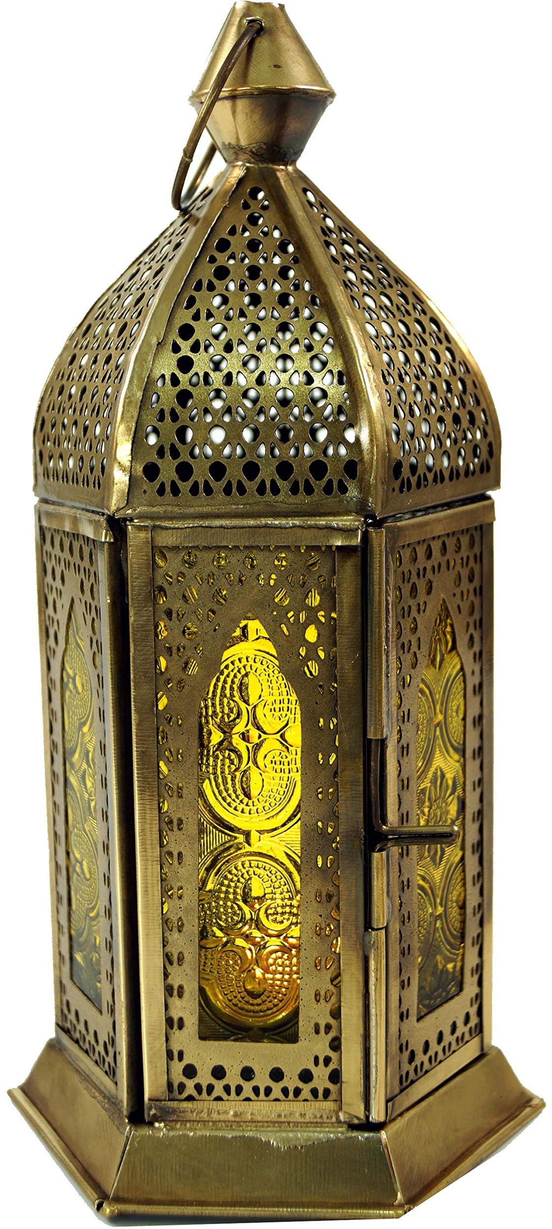 GURU SHOP Orientalische Metall/Glas Laterne in Marrokanischem Design, Windlicht, Gelb, Farbe: Gelb, 21x9,5x9,5 cm, Orientalische Laternen