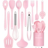 Küchenhelfer Set, 12-teiliges Silikon Kochutensilien Kochbesteck Set, Hitzebeständiger Kochgeschirr mit Utensilienhalter, Antihaft Kochset Küchenutensilien, Spülmaschinenfest - Rosa