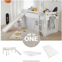 Homestyle4u 2255, Kinderbett 90x200 Weiß Hochbett mit Rutsche Treppe Matratze Lattenrost für Kinder Bettgestell Holz Massiv Kiefer Kinderzimmer