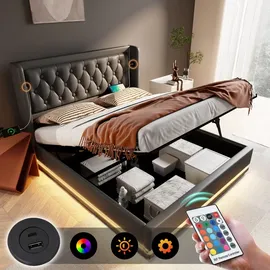 stilvora Polsterbett 180x200cm mit Stauraum Jugendbett mit LED-Beleuchtung,gepolstertes Kopfteil mit USB Typ-C Ladefunktion,Schwarz(Ohne Matratze) - Schwarz