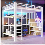 STILVORA Hochbett 140×200 mit matratze und Steckdose Metallbett Jugendbett mit LED-Licht (mit integriertem Schreibtisch und LED-Beleuchtung, mit stabilem Eisenrahmen und integriertem Arbeitsbereich) Lochwand mit Haken, LED-Lichtleiste, integrierte Steckdose
