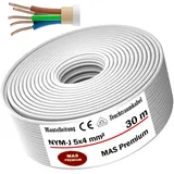 MAS Premium Feuchtraumkabel Stromkabel 5-170m Mantelleitung NYM-J 5x1,5, 2,5, 4, 6, 10 oder 16 Elektrokabel Ring für feste Verlegung (NYM-J 5x4 mm2, 30m)