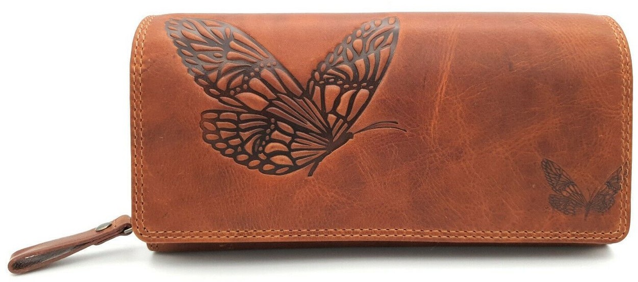 JOCKEY CLUB Geldbörse echt Leder Damen Portemonnaie Schmetterling mit RFID Schutz, Reißverschlussmünzfach, viel Platz, auch für ein Smartphone braun