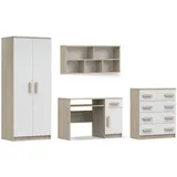 Deine Möbel 24 Jugendzimmer-Set INGE III in Weiß / Weiß + Grau / Weiß + Eiche Sonoma ; 4-teilig, (Kleiderschrank Kommode Wandregal Schreibtisch, 4-tlg., Sonoma Eiche Grau), Kinderzimmer Set Weiß Griffe Rosa Blau Grün Grau aus Laminatplatte beige