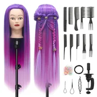 Trainingsköpfe, 28 inch Frisierkopf 100% Synthetikfaser-Haar Übungskopf, Frisurenkopf Ausbildung Kopf Mit Halter + DIY Haar Styling Braid Set (Lila rot rosa)