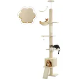 PAWZ Road Kratzbaum deckenhoch, Katzenbaum vom Boden bis zur Decke verstellbar, höhenverstellbar (216-273cm), Katzenturm mit Hängematte und Katzenhöhle, Anti-Sturzgurt Beige