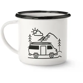 Tchibo Emaille Tasse, Camping Becher, Kaffeetasse mit Henkel, leicht und robust, 380ml, Weiß mit Motiv