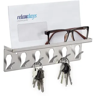 Relaxdays Schlüsselbrett, 6 Haken & Ablagefläche, modernes Design, HxBxT: 7x24,5x5 cm, Stahl, Schlüsselboard, Silber