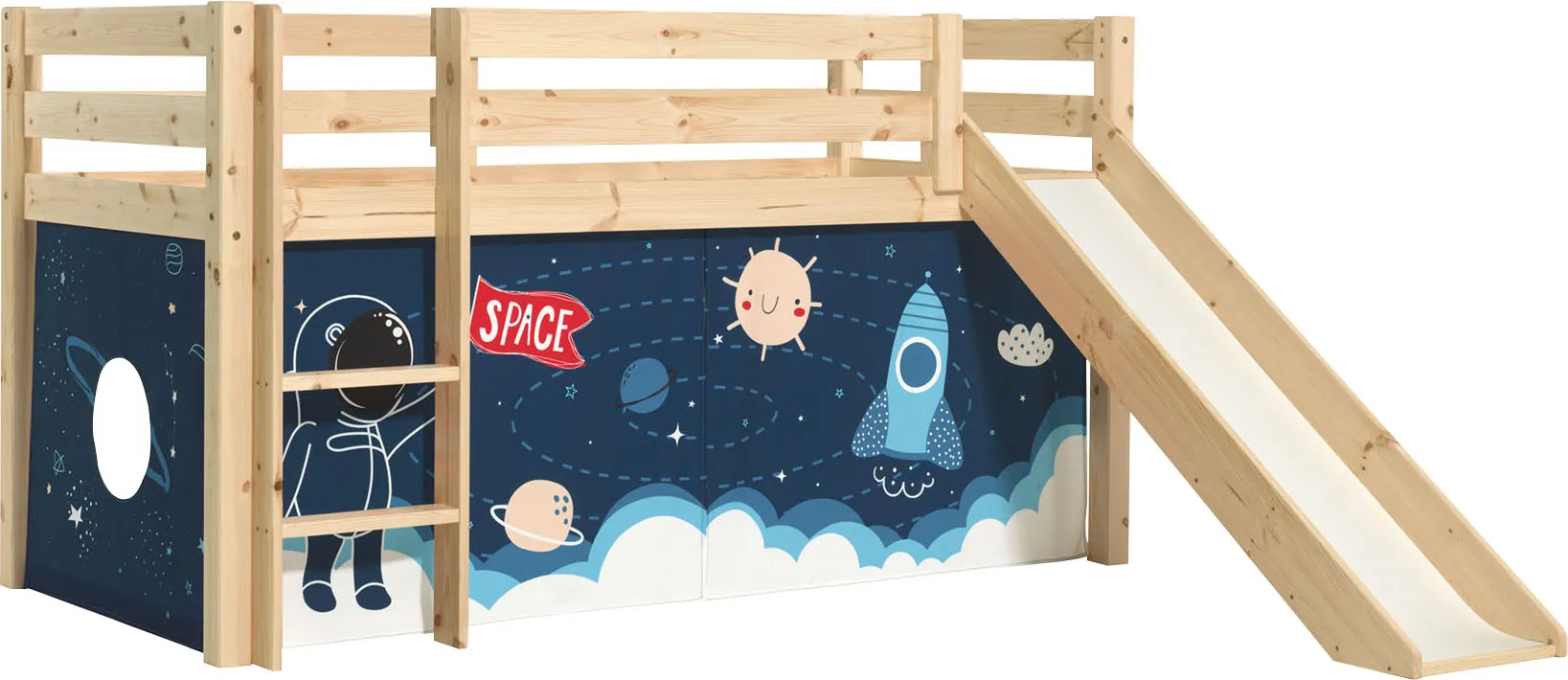 Spielbett VIPACK "Vipack Pino" Betten Gr. mit Textilset Space Shuttle, Liegefläche B/L: 90cm x 200cm H: 114cm, kein Härtegrad, beige (natur) Baby Hochbett mit Textil-Set, inkl. Rolllattenrost, Leiter und Rutsche