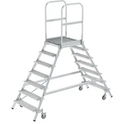 Podestleiter 7 Stufen, fahrbar, Aluminium/Stahl-Gitterrost