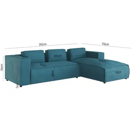 s-style möbel - Modernes Ecksofa Bello aus Türkis Cord mit Ottomane rechts und weichem Sitz, B/T/H: 262 cm / 176 cm / 64 cm - Türkis