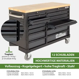 Baumarktplus Werkstattwagen DELUXE 12 Schubladen 123 cm Breite unbestückt mit massiver Arbeitsplatte