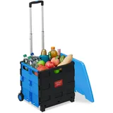 Relaxdays Einkaufstrolley, Klapptrolley mit Rollen & Deckel, Teleskopgriff, bis 35 kg, Faltbarer Trolley, blau/schwarz