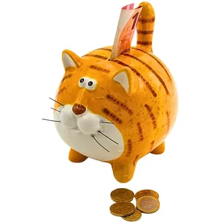 Spardose Katze, Katzenspardose, Kindersparbüchse Katze, Sparschwein Katze, Sparfigur, Kinderspardose, Spartier, Sparkatze, Dekokatze mit Sparfunktion aus Keramik in ockerfarben, L/B/H 12 x 14 x 17 cm.