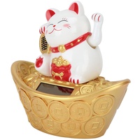 Glückskatze Winkekatze, 4,7 Zoll Solar Fortune Cat Waving Arm Lucky Wealth Begrüßungskatze sitzt auf Goldbarren winkt Fortune für Feng Shui Home Stores Car Decor (Weiß)