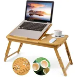 Laptoptisch aus Bambus, Höhenverstellbar Laptopständer, Klappbar Notebooktisch mit kleine Schublade, 5 Neigungswinkel Verstellbar Laptop Tisch für Bett, Frühstückstablett, 55x35cm