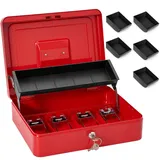 Sgorlds Große Verriegelung Geldaufbewahrung Sicherheitsbox Geldkassette mit Schlüsselschloss und Geldfach, Spardose mit Geldfach, für Büro Business, 30 x 24,1 x 8,9 cm, Rot